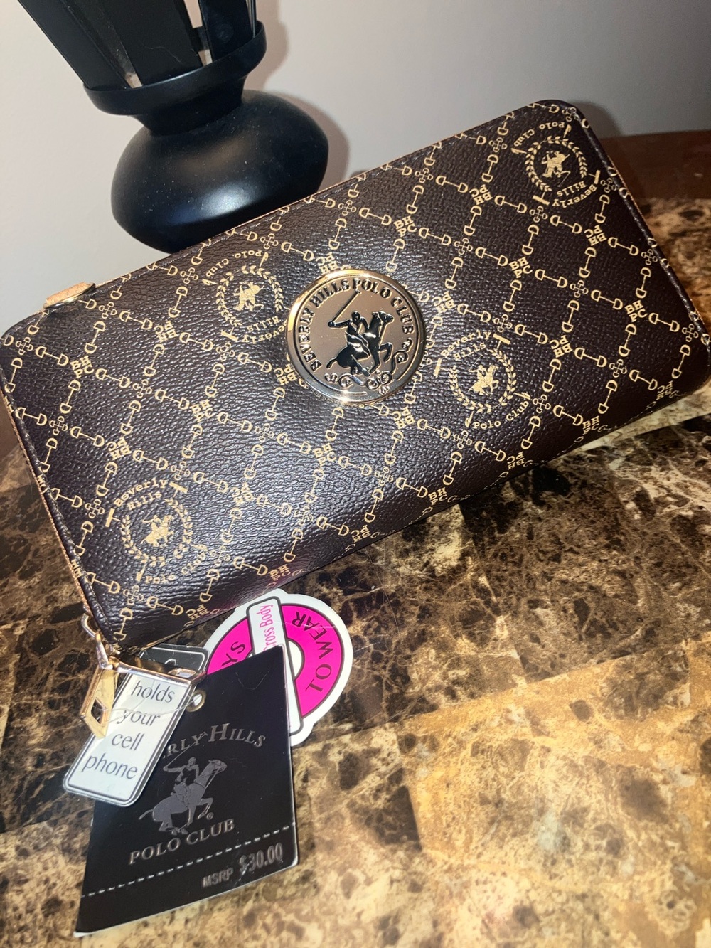 Beverly Hills Polo Club Brown Monogram Zip Wallet with Gold Medallion